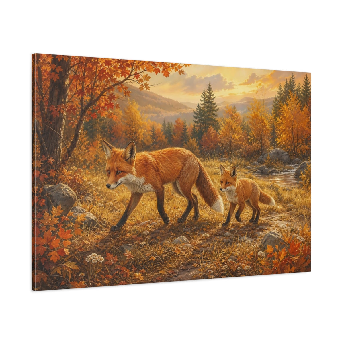 Side Mockup 1. Animals Foxes Autumn Foxes shown as stretched canvas wall art