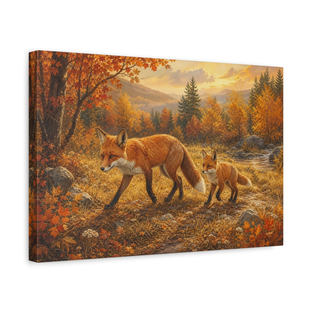 Side Mockup 4. Animals Foxes Autumn Foxes shown as stretched canvas wall art