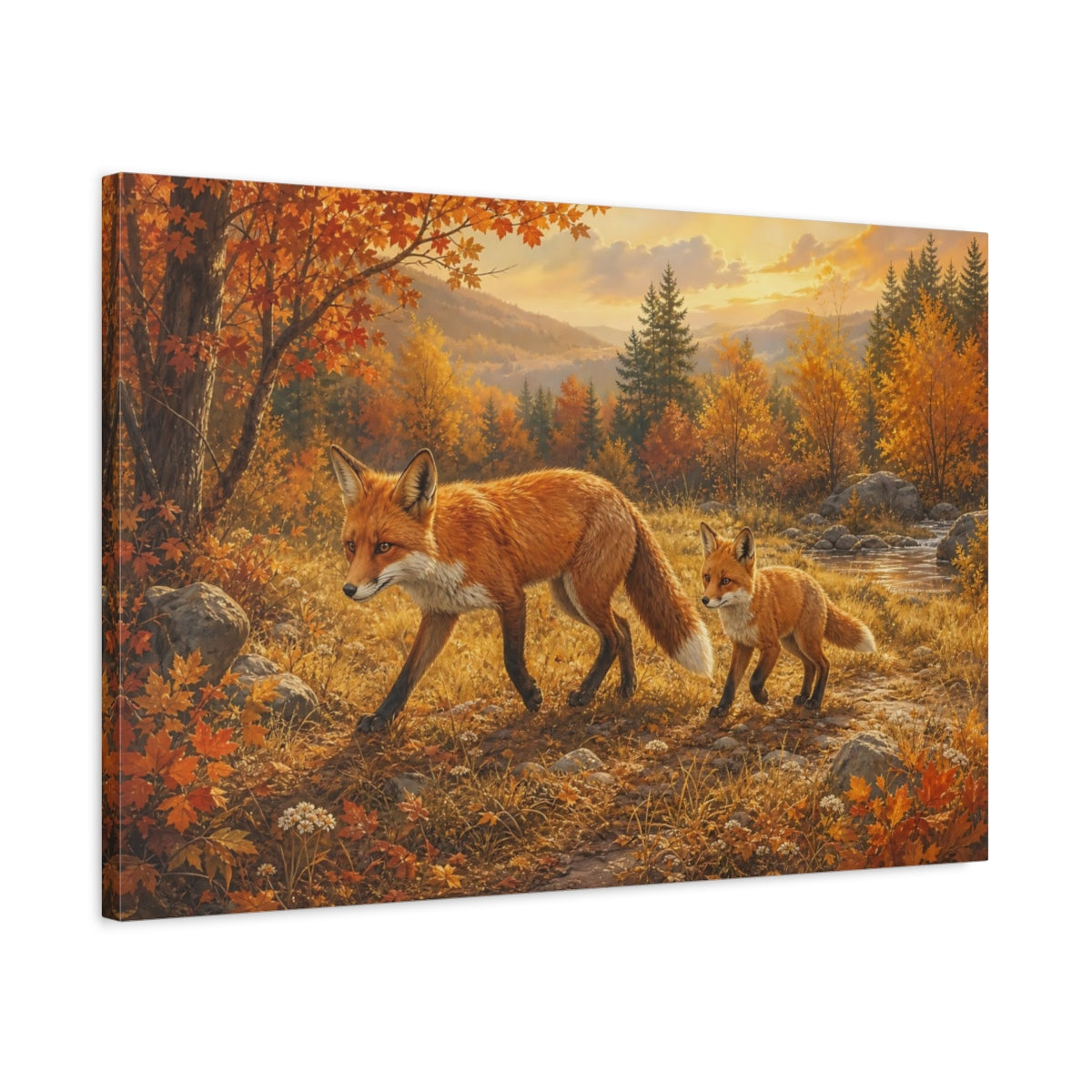 Side Mockup 2. Animals Foxes Autumn Foxes shown as stretched canvas wall art