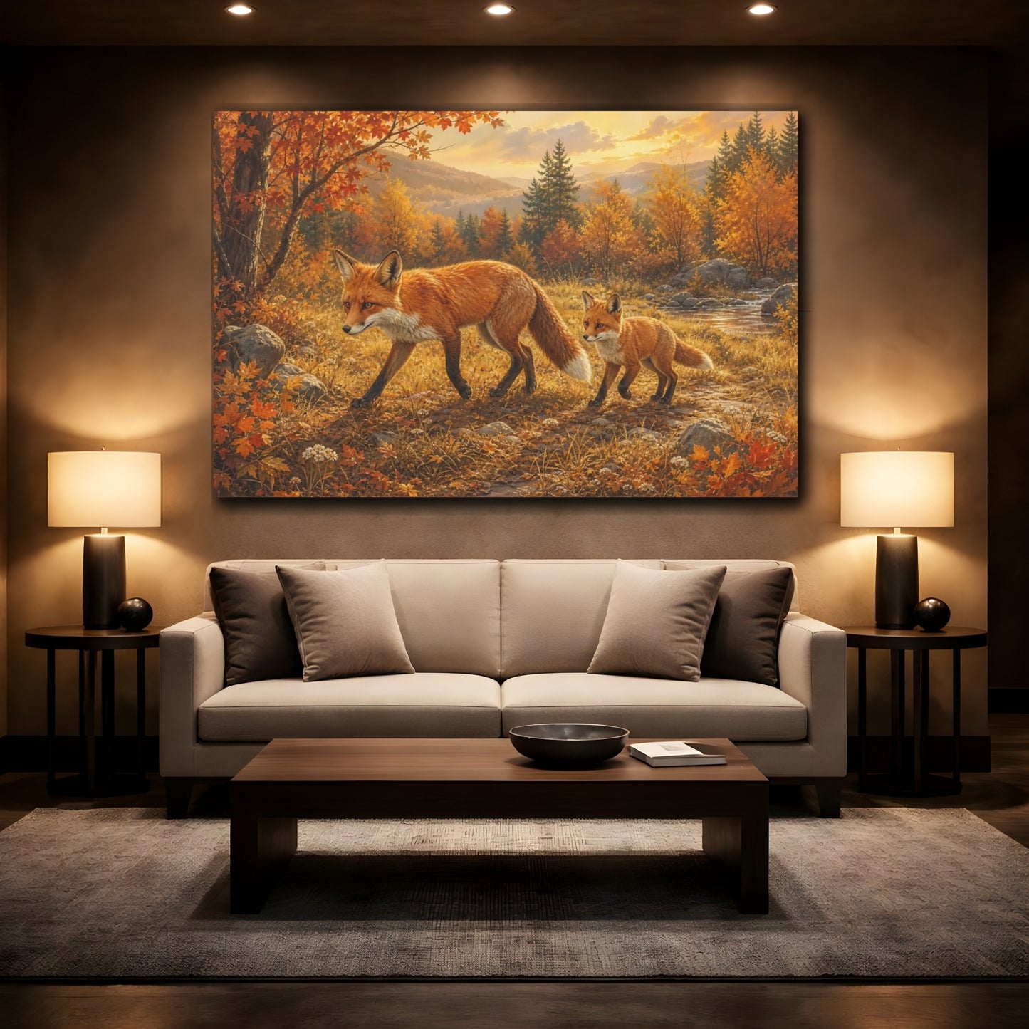 Mockup 2. Animals Foxes Autumn Foxes shown as stretched canvas wall art