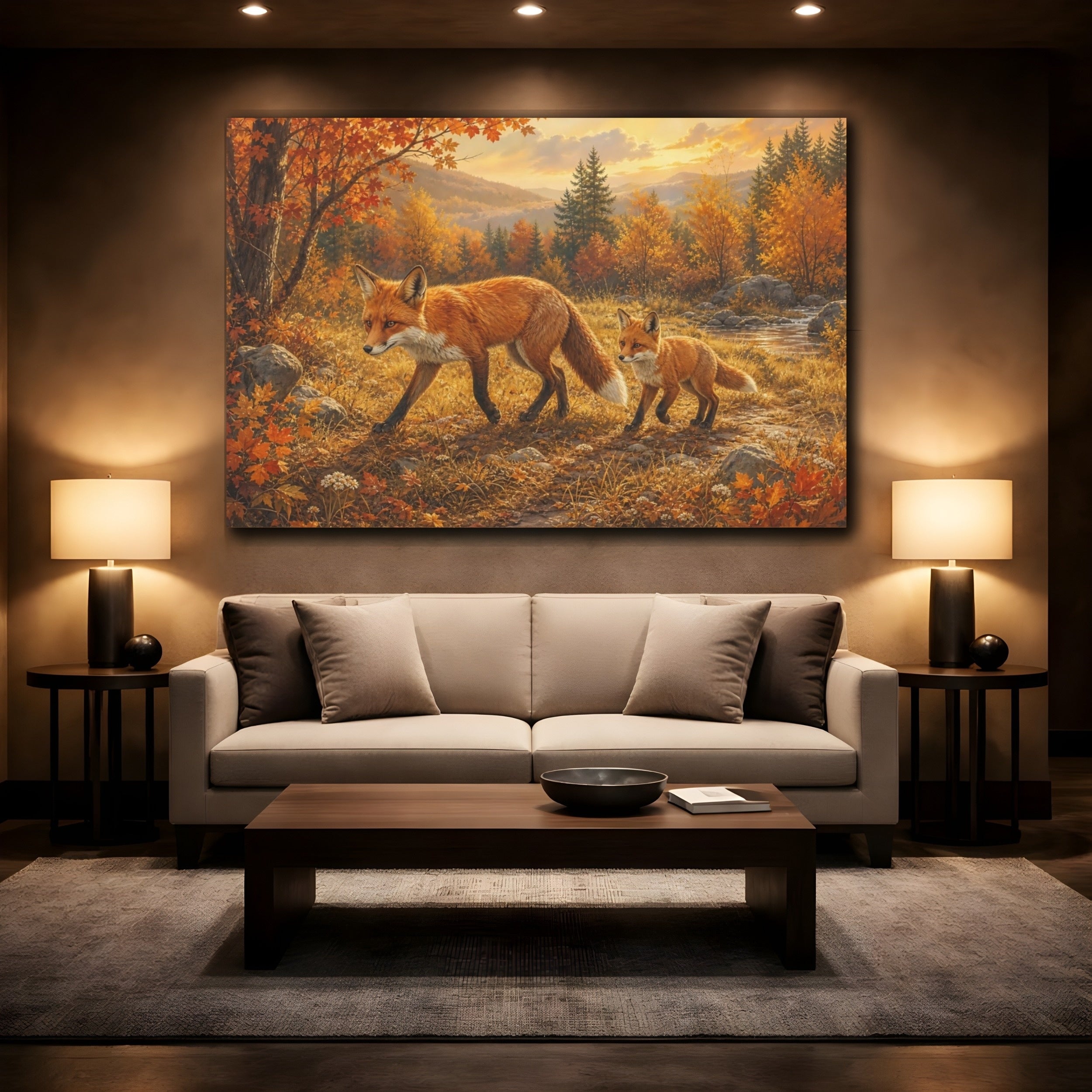 Mockup 2. Animals Foxes Autumn Foxes shown as stretched canvas wall art