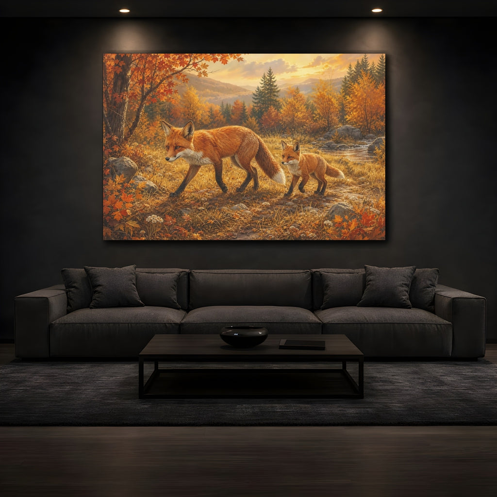 Mockup 3. Animals Foxes Autumn Foxes shown as stretched canvas wall art