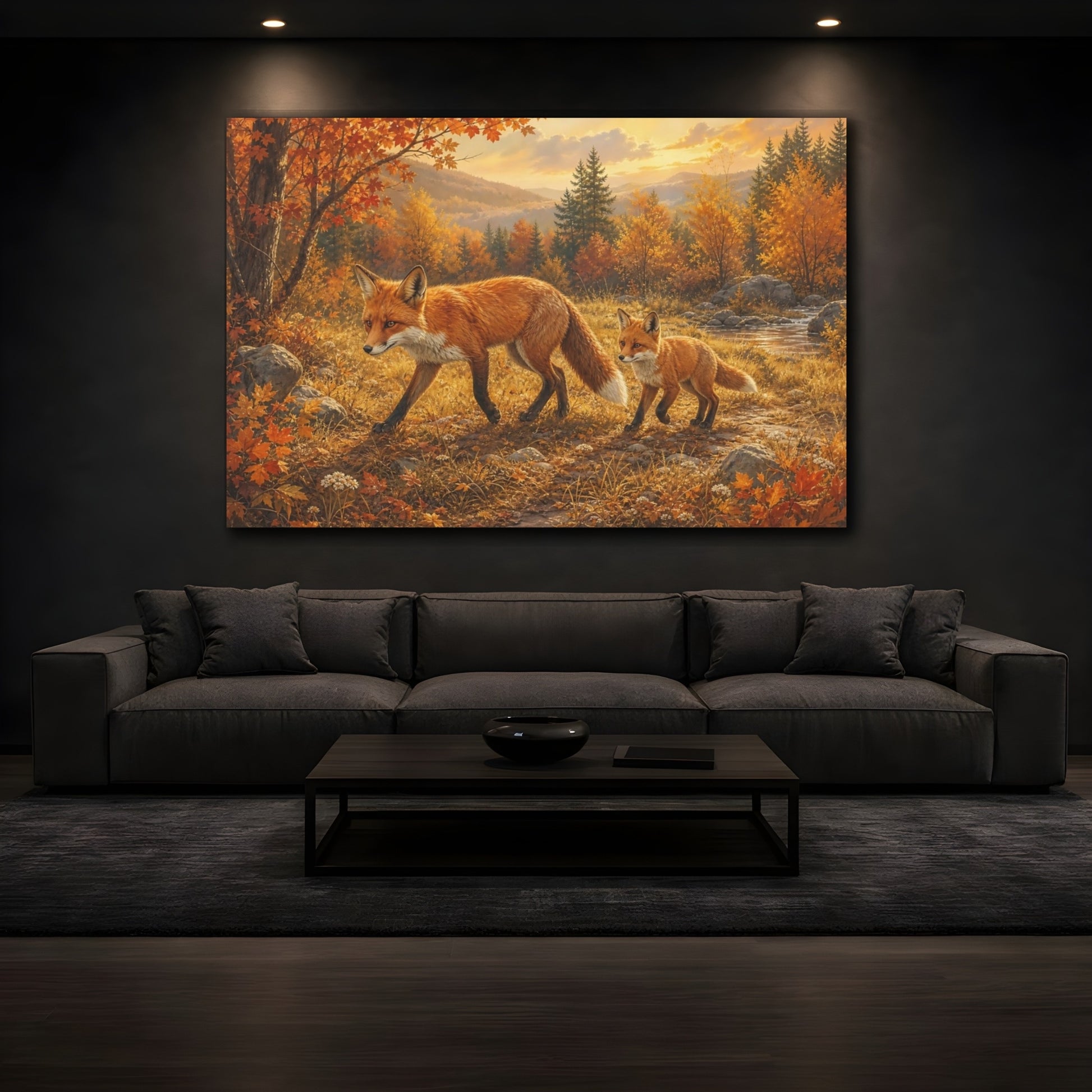 Mockup 3. Animals Foxes Autumn Foxes shown as stretched canvas wall art