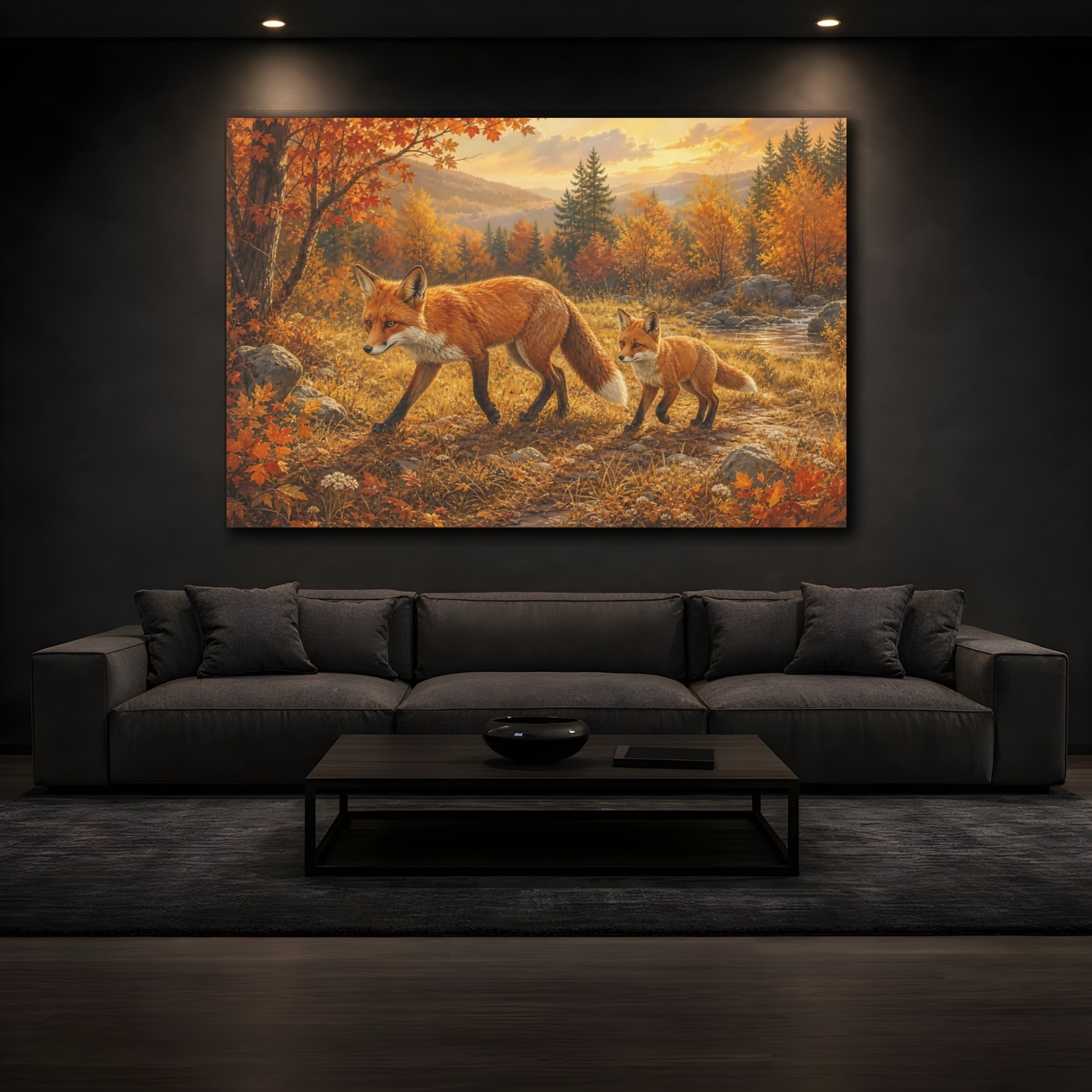 Mockup 3. Animals Foxes Autumn Foxes shown as stretched canvas wall art