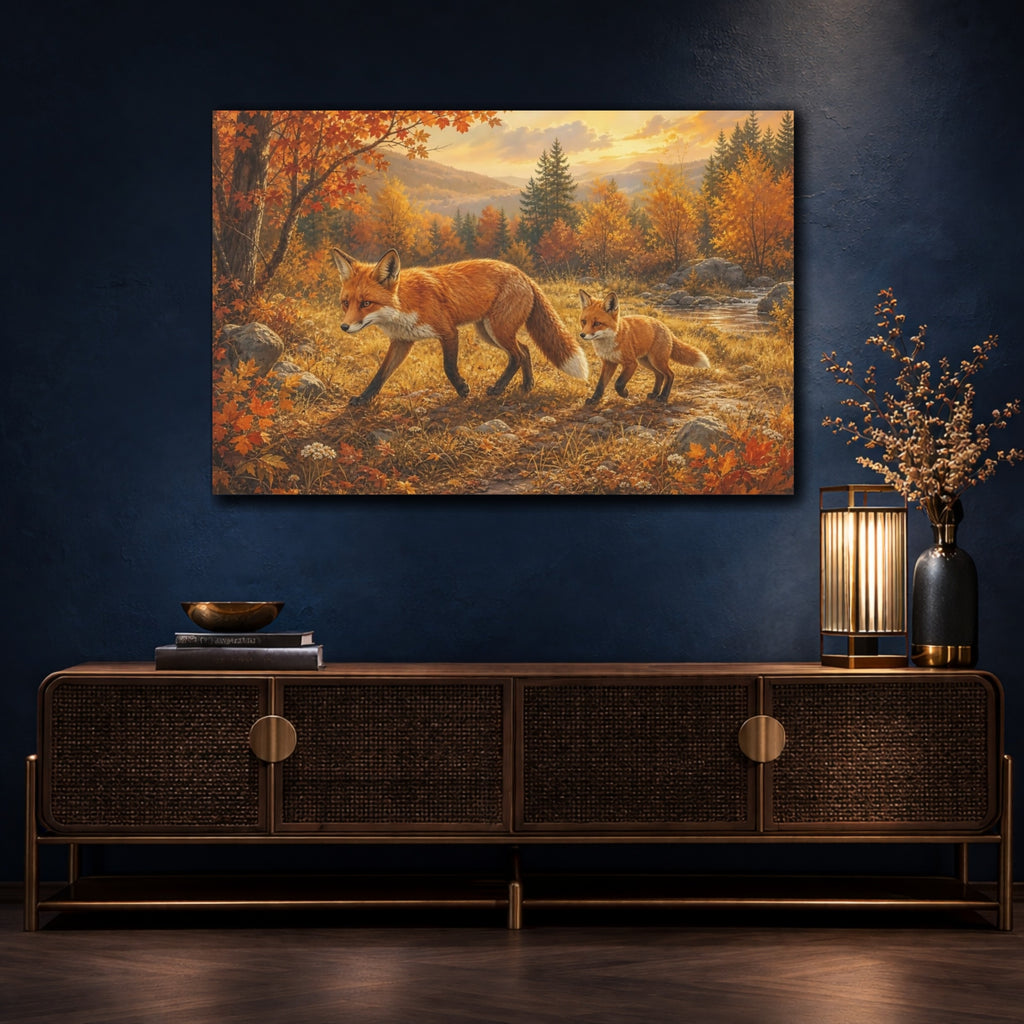 Mockup 4. Animals Foxes Autumn Foxes shown as stretched canvas wall art