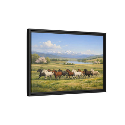 Side Mockup 3. Animals Galloping Horses Green Meadow Horses shown as stretched canvas wall art