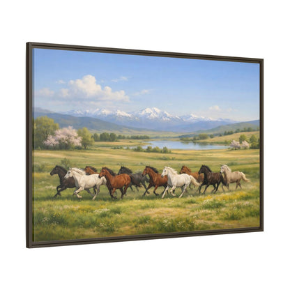 Side Mockup 8. Animals Galloping Horses Green Meadow Horses shown as stretched canvas wall art