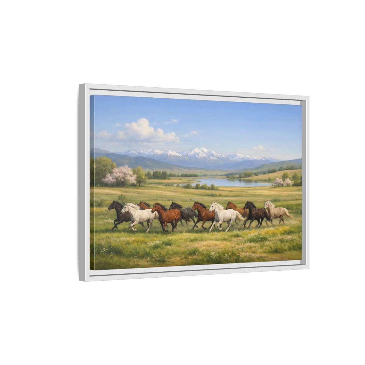 Side Mockup 1. Animals Galloping Horses Green Meadow Horses shown as stretched canvas wall art
