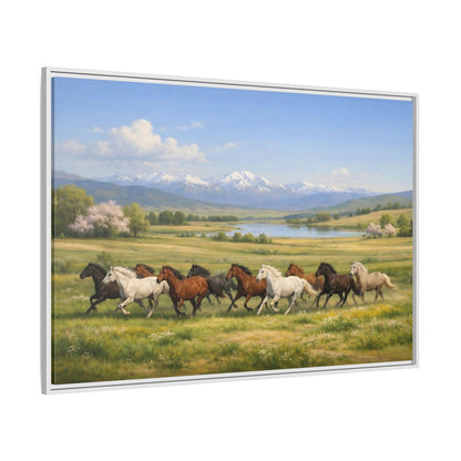 Side Mockup 7. Animals Galloping Horses Green Meadow Horses shown as stretched canvas wall art