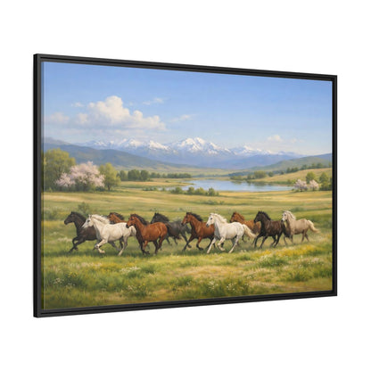 Side Mockup 12. Animals Galloping Horses Green Meadow Horses shown as stretched canvas wall art