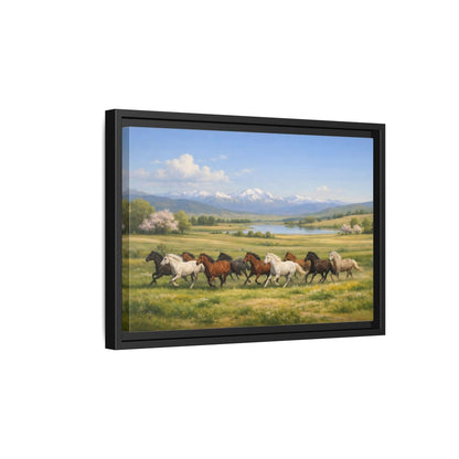 Side Mockup 6. Animals Galloping Horses Green Meadow Horses shown as stretched canvas wall art