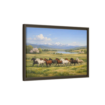 Side Mockup 2. Animals Galloping Horses Green Meadow Horses shown as stretched canvas wall art