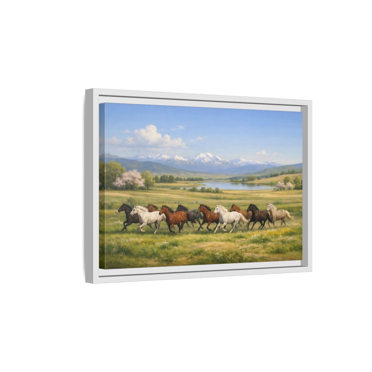 Side Mockup 4. Animals Galloping Horses Green Meadow Horses shown as stretched canvas wall art