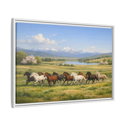 Side Mockup 10. Animals Galloping Horses Green Meadow Horses shown as stretched canvas wall art