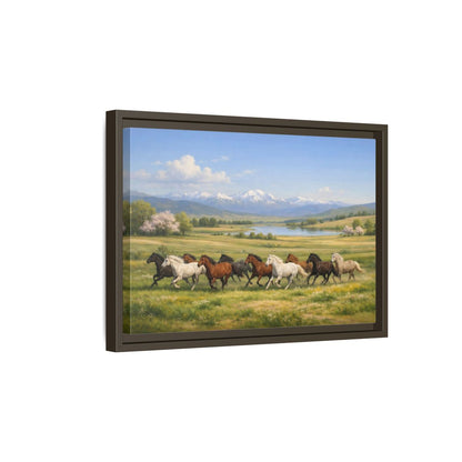 Side Mockup 5. Animals Galloping Horses Green Meadow Horses shown as stretched canvas wall art
