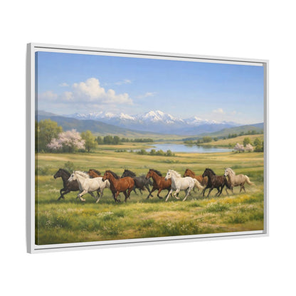 Side Mockup 9. Animals Galloping Horses Green Meadow Horses shown as stretched canvas wall art