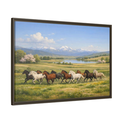 Main Mockup. Animals Galloping Horses Green Meadow Horses shown as stretched canvas wall art