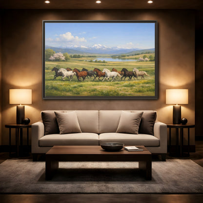 Mockup 2. Animals Galloping Horses Green Meadow Horses shown as stretched canvas wall art
