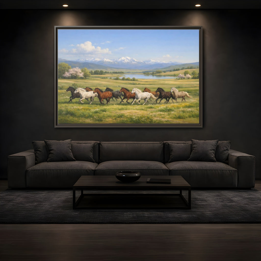 Mockup 3. Animals Galloping Horses Green Meadow Horses shown as stretched canvas wall art