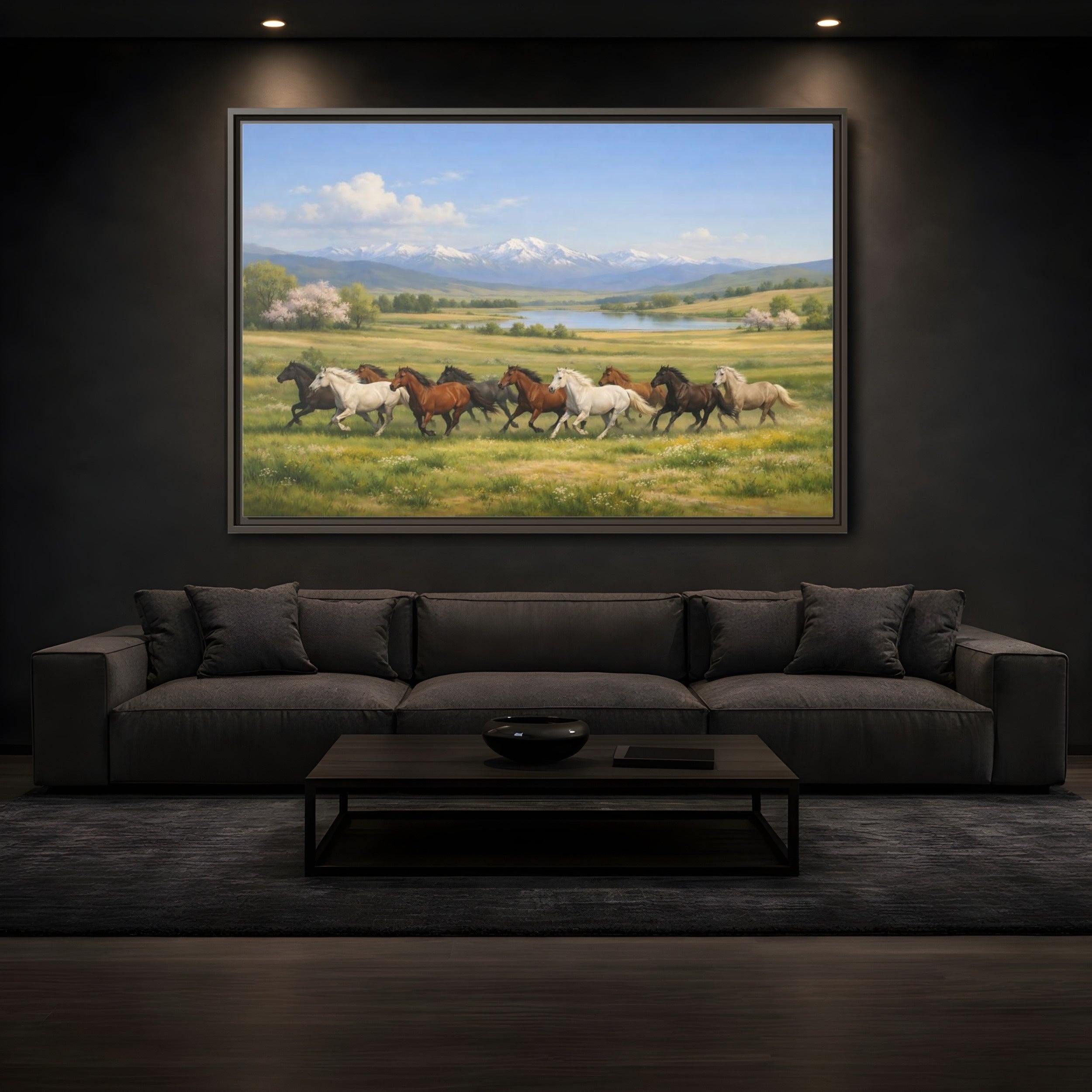 Mockup 3. Animals Galloping Horses Green Meadow Horses shown as stretched canvas wall art