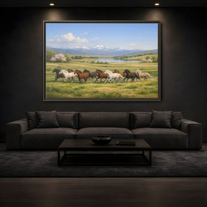 Mockup 3. Animals Galloping Horses Green Meadow Horses shown as stretched canvas wall art