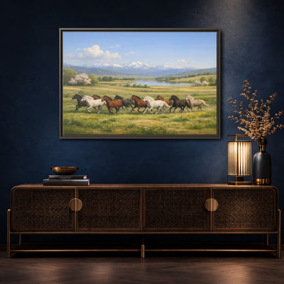 Mockup 4. Animals Galloping Horses Green Meadow Horses shown as stretched canvas wall art