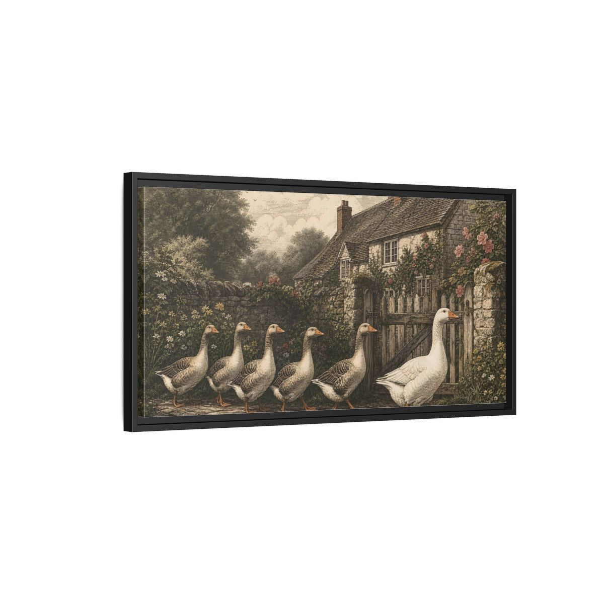 Side Mockup 2. Animals Geese Country Geese shown as stretched canvas wall art