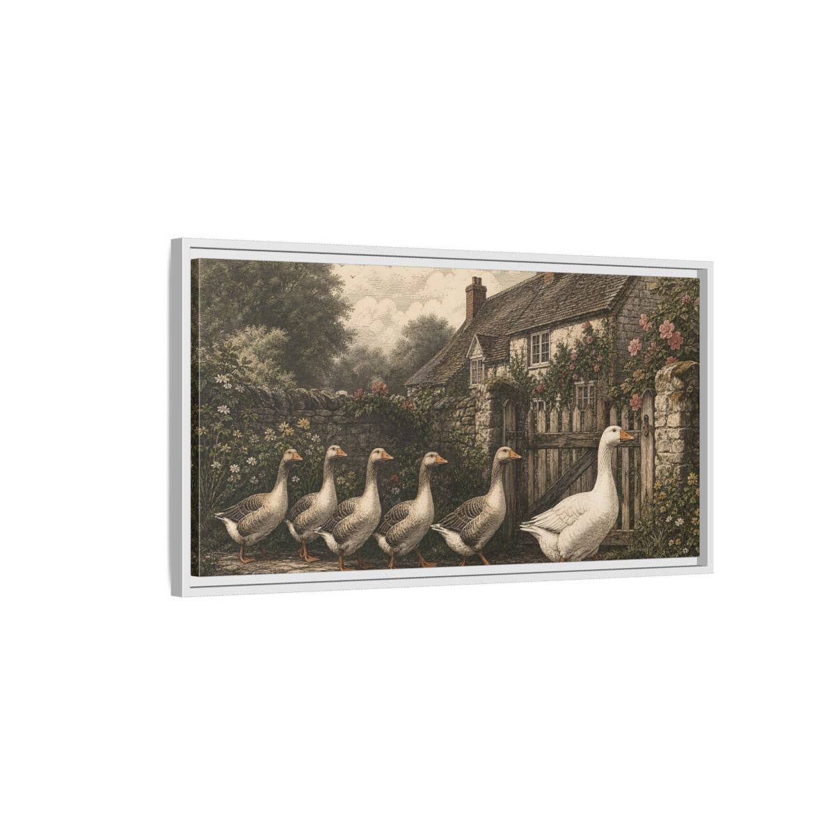 Side Mockup 1. Animals Geese Country Geese shown as stretched canvas wall art