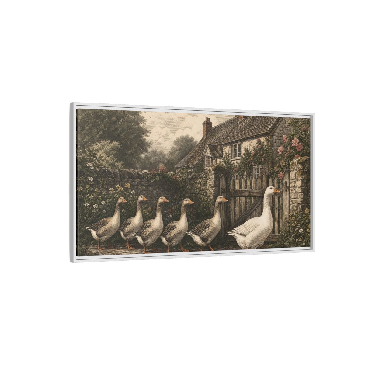 Side Mockup 3. Animals Geese Country Geese shown as stretched canvas wall art