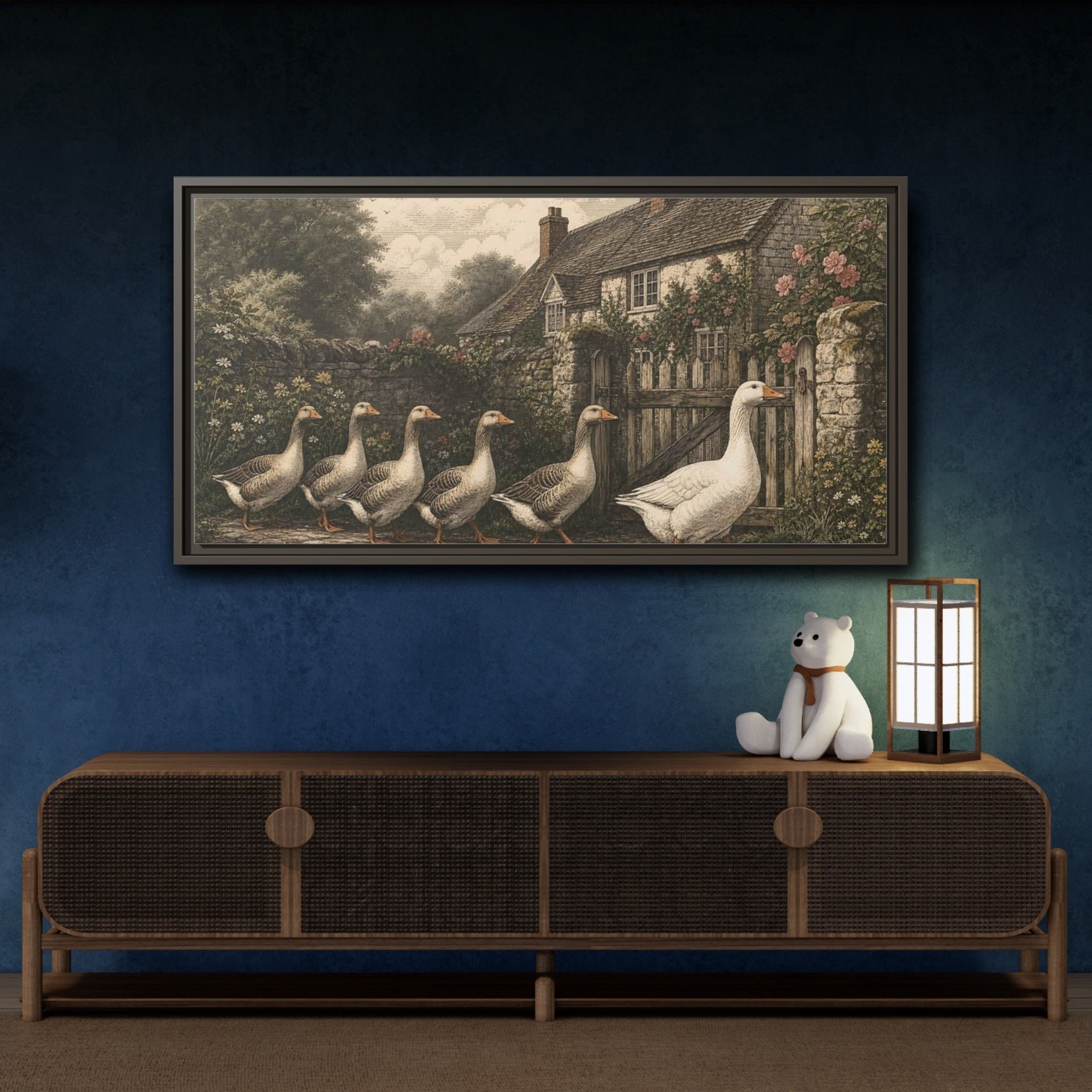 Mockup 4. Animals Geese Country Geese shown as stretched canvas wall art