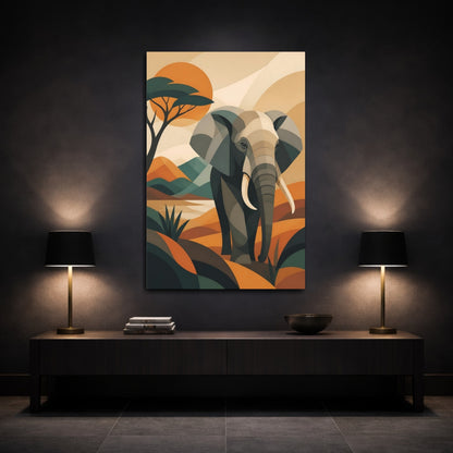 Mockup 3. Animals Geometric Elephant Sunset shown as canvas print