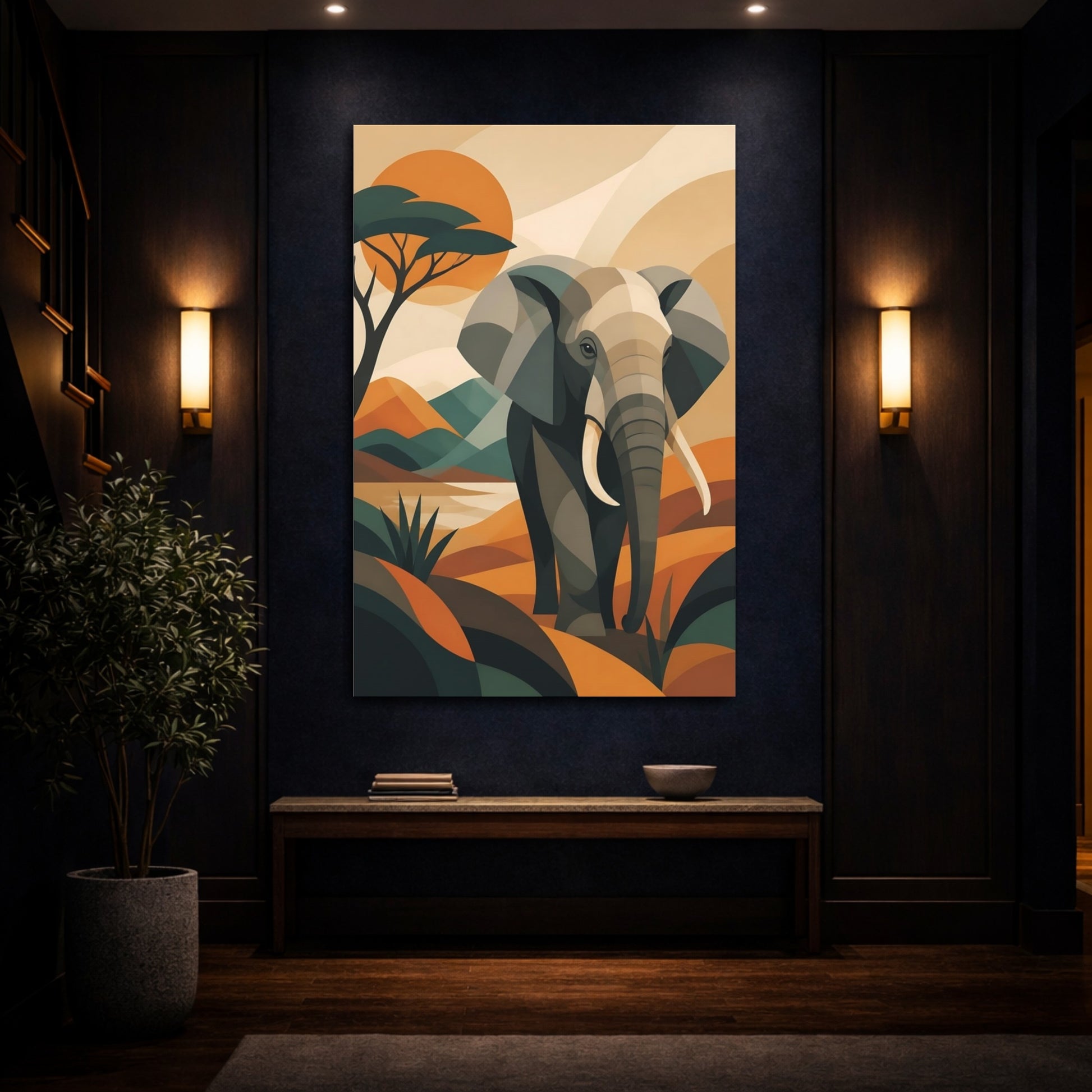 Mockup 4. Animals Geometric Elephant Sunset shown as canvas print