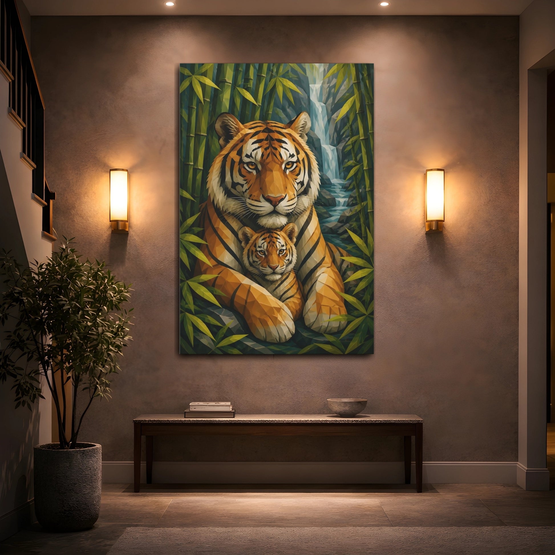 Mockup 2. Animals Geometric Tiger Portrait shown as canvas print