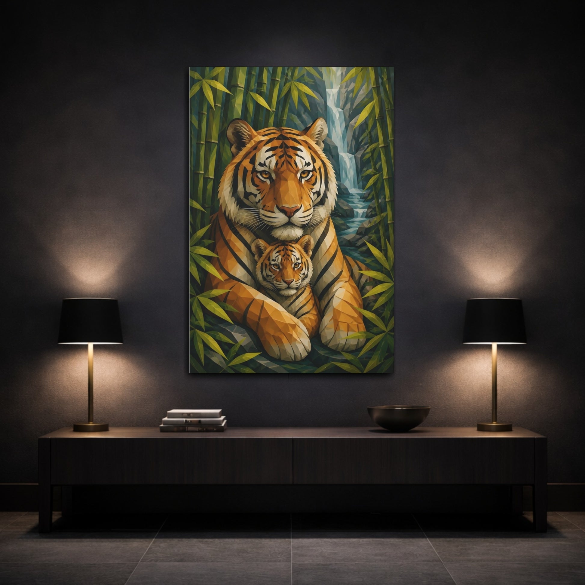 Mockup 3. Animals Geometric Tiger Portrait shown as canvas print