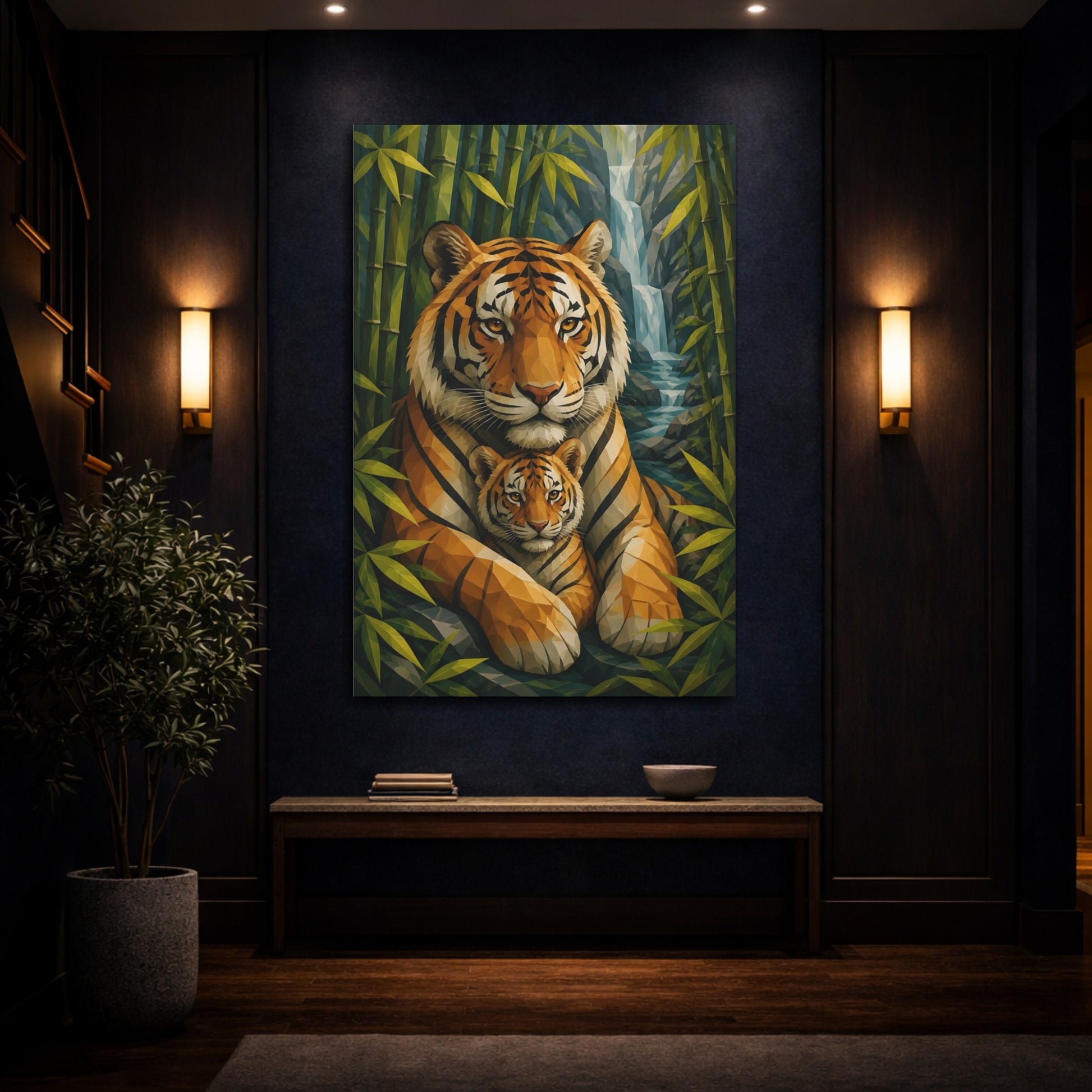 Mockup 4. Animals Geometric Tiger Portrait shown as canvas print