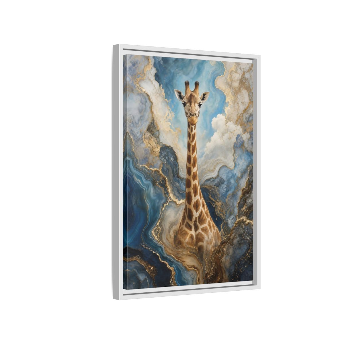Side Mockup 1. Animals Giraffe Blue Gold Giraffe shown as stretched canvas wall art