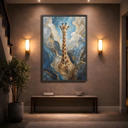 Mockup 2. Animals Giraffe Blue Gold Giraffe shown as stretched canvas wall art