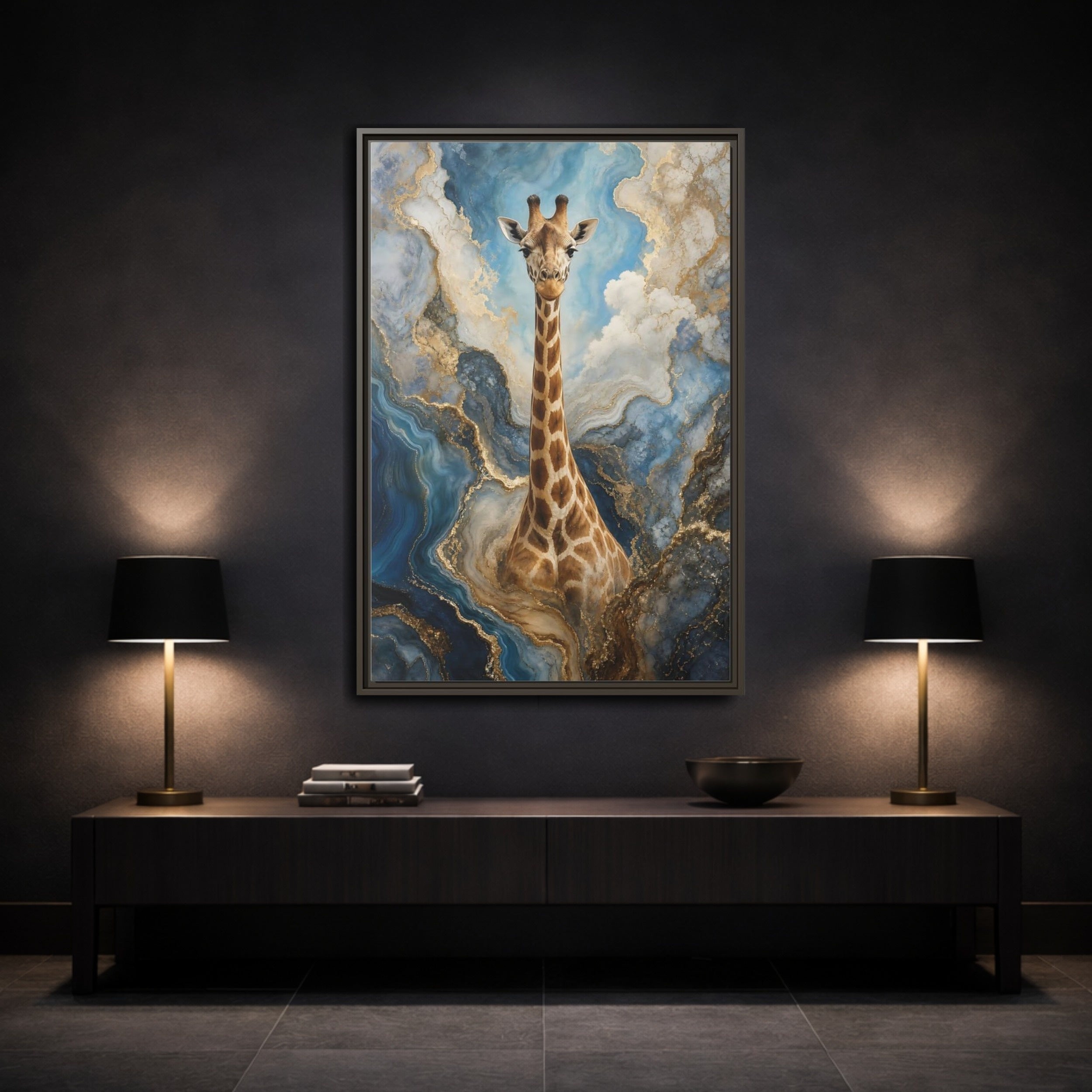 Mockup 3. Animals Giraffe Blue Gold Giraffe shown as stretched canvas wall art