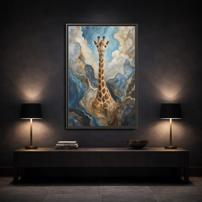 Mockup 3. Animals Giraffe Blue Gold Giraffe shown as stretched canvas wall art