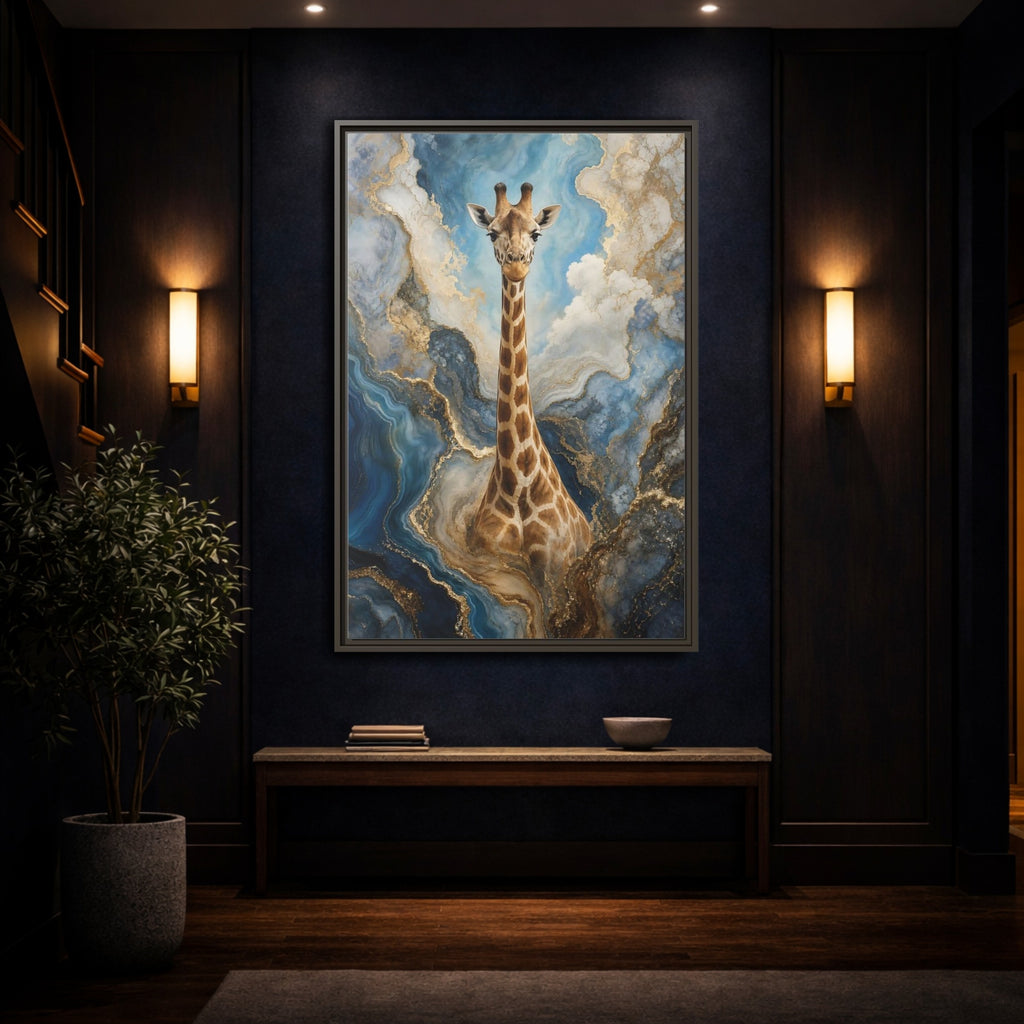 Mockup 4. Animals Giraffe Blue Gold Giraffe shown as stretched canvas wall art