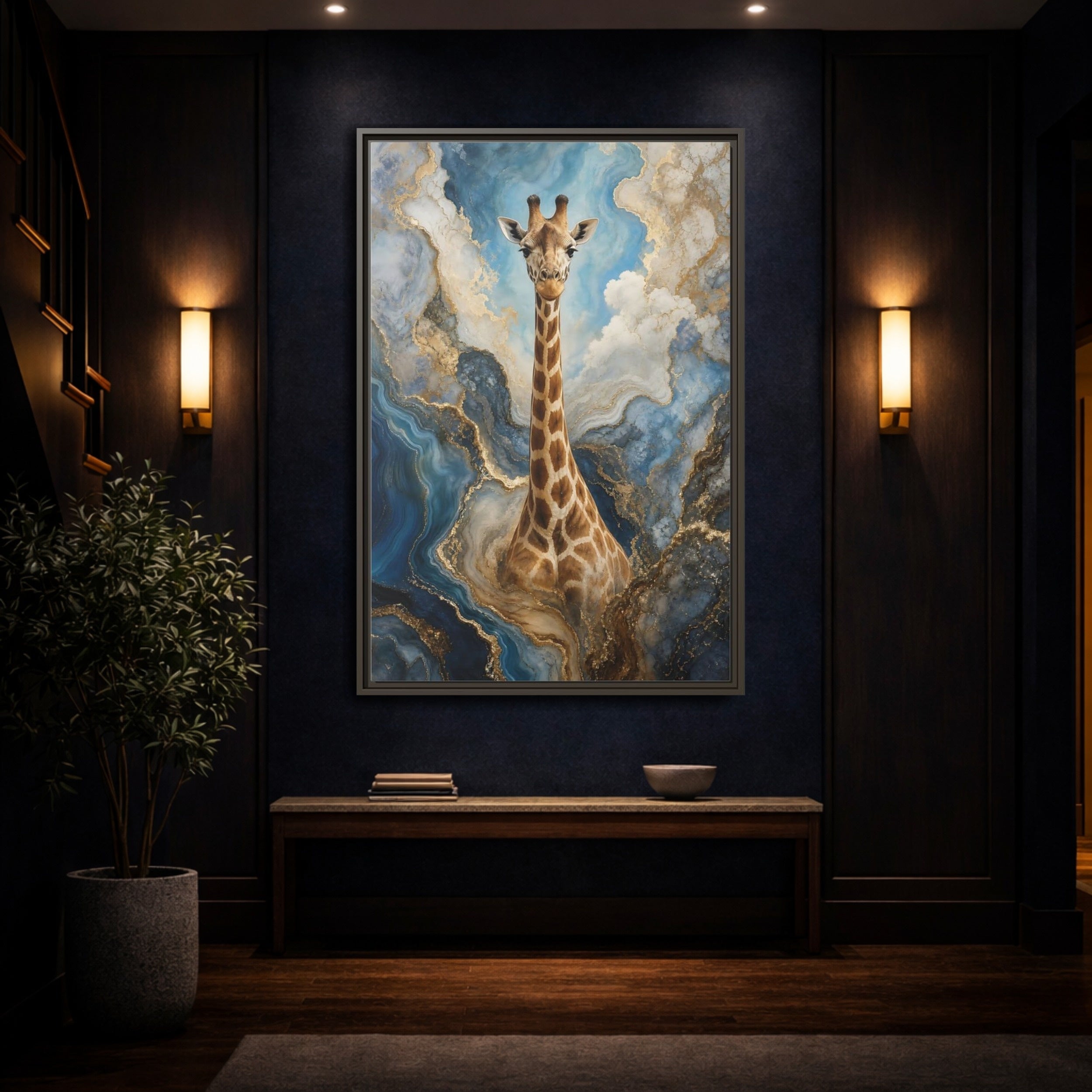 Mockup 4. Animals Giraffe Blue Gold Giraffe shown as stretched canvas wall art