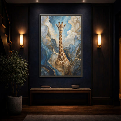 Mockup 4. Animals Giraffe Blue Gold Giraffe shown as stretched canvas wall art