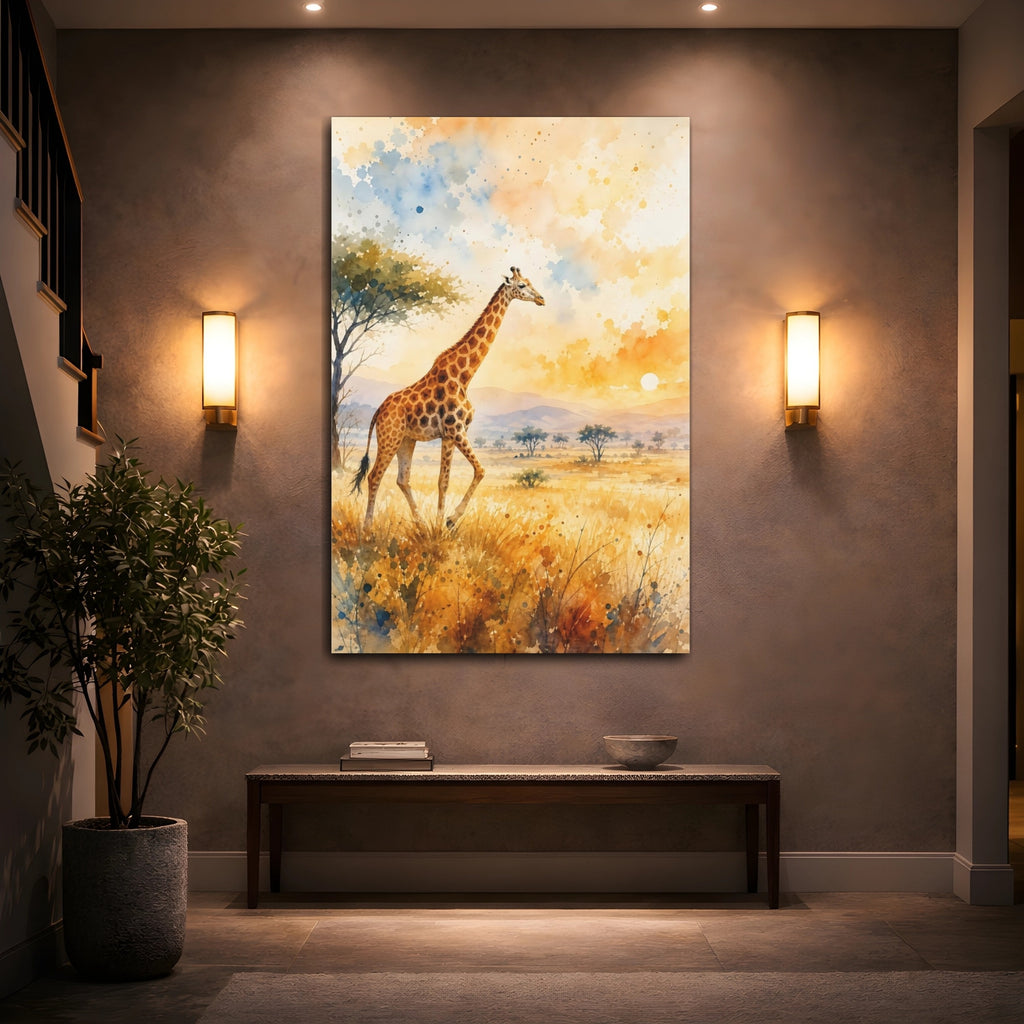 Mockup 2. Animals Giraffe Giraffe Savanna Sunset shown as stretched canvas wall art