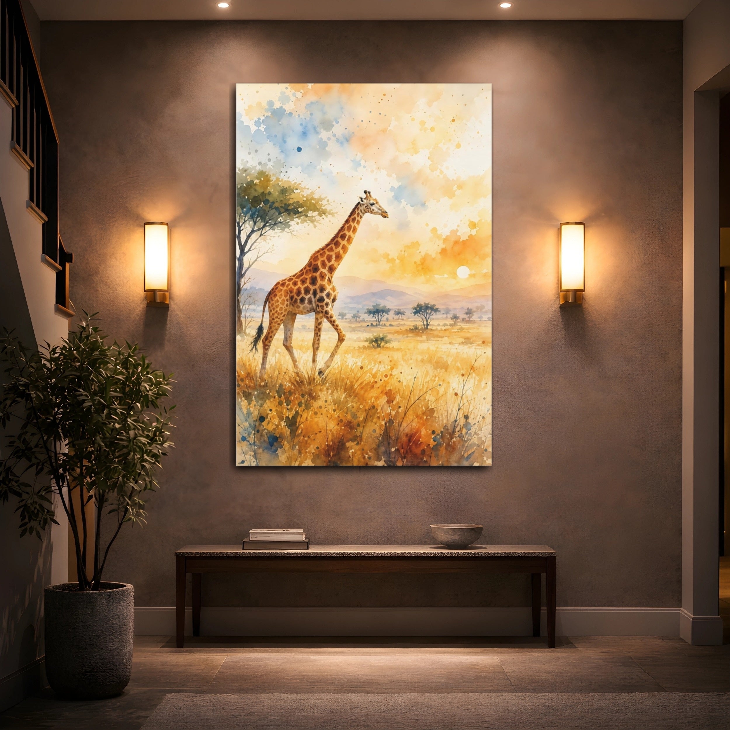 Mockup 2. Animals Giraffe Giraffe Savanna Sunset shown as stretched canvas wall art