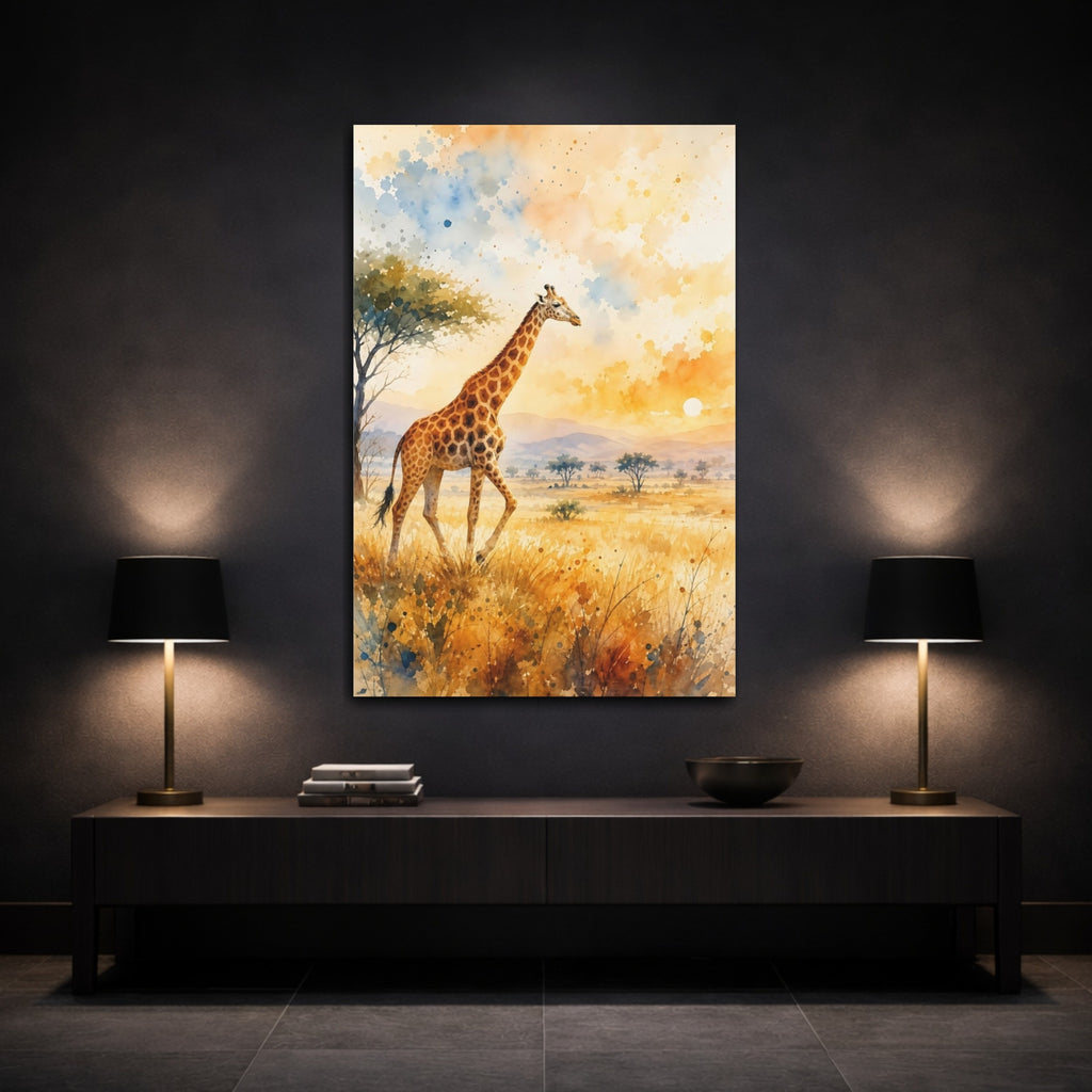 Mockup 3. Animals Giraffe Giraffe Savanna Sunset shown as stretched canvas wall art