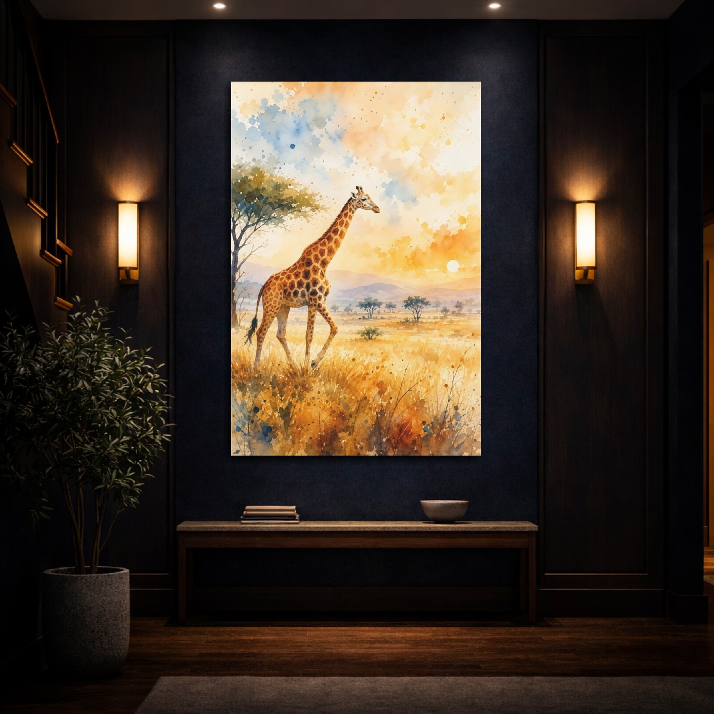 Mockup 4. Animals Giraffe Giraffe Savanna Sunset shown as stretched canvas wall art