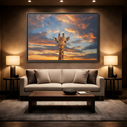 Mockup 2. Animals Giraffe Giraffe Sunset shown as stretched canvas wall art