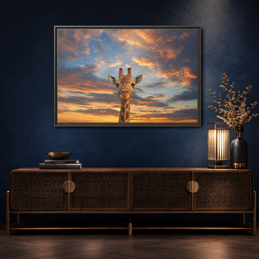 Mockup 4. Animals Giraffe Giraffe Sunset shown as stretched canvas wall art