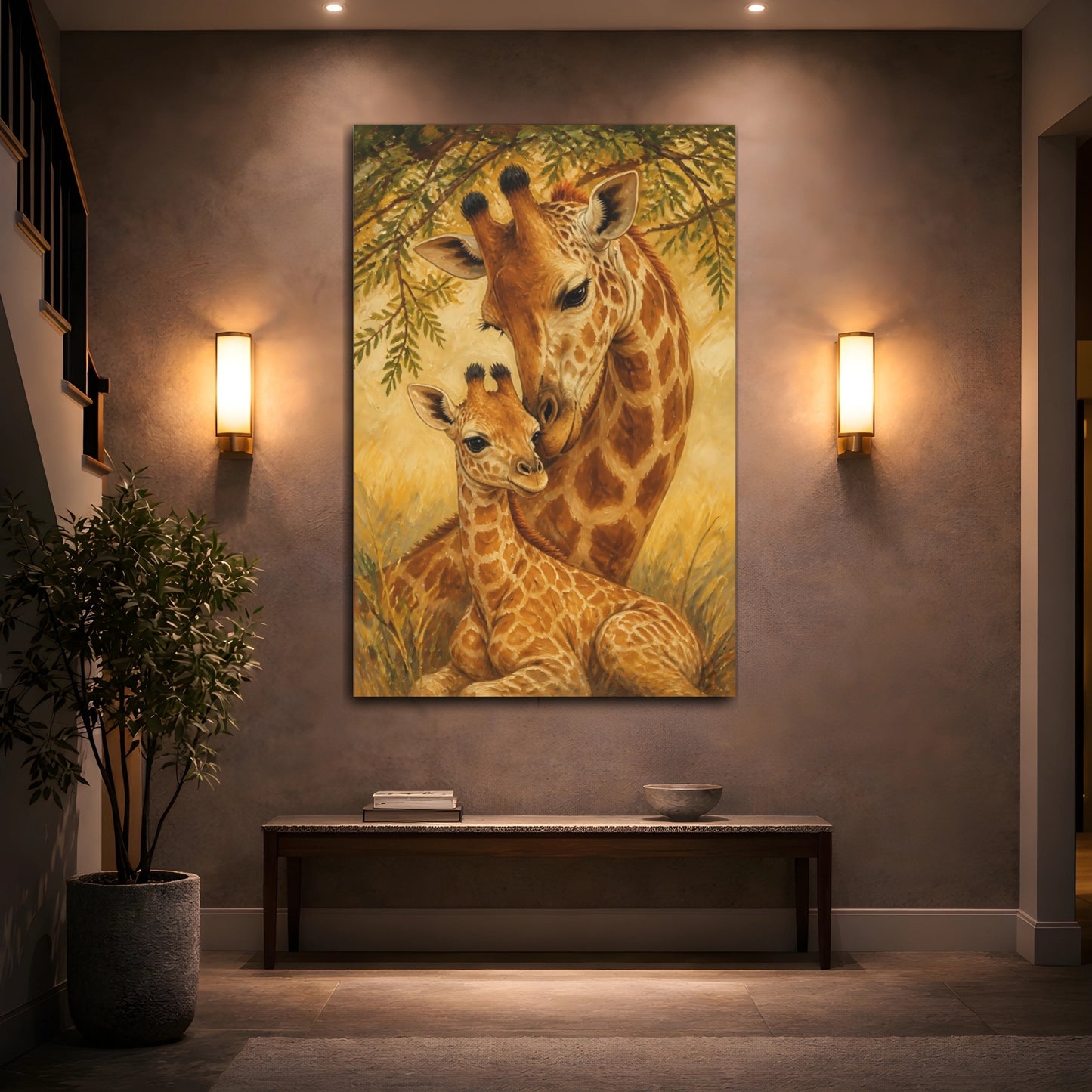 Mockup 2. Animals Giraffe Mother & Calf shown as canvas print