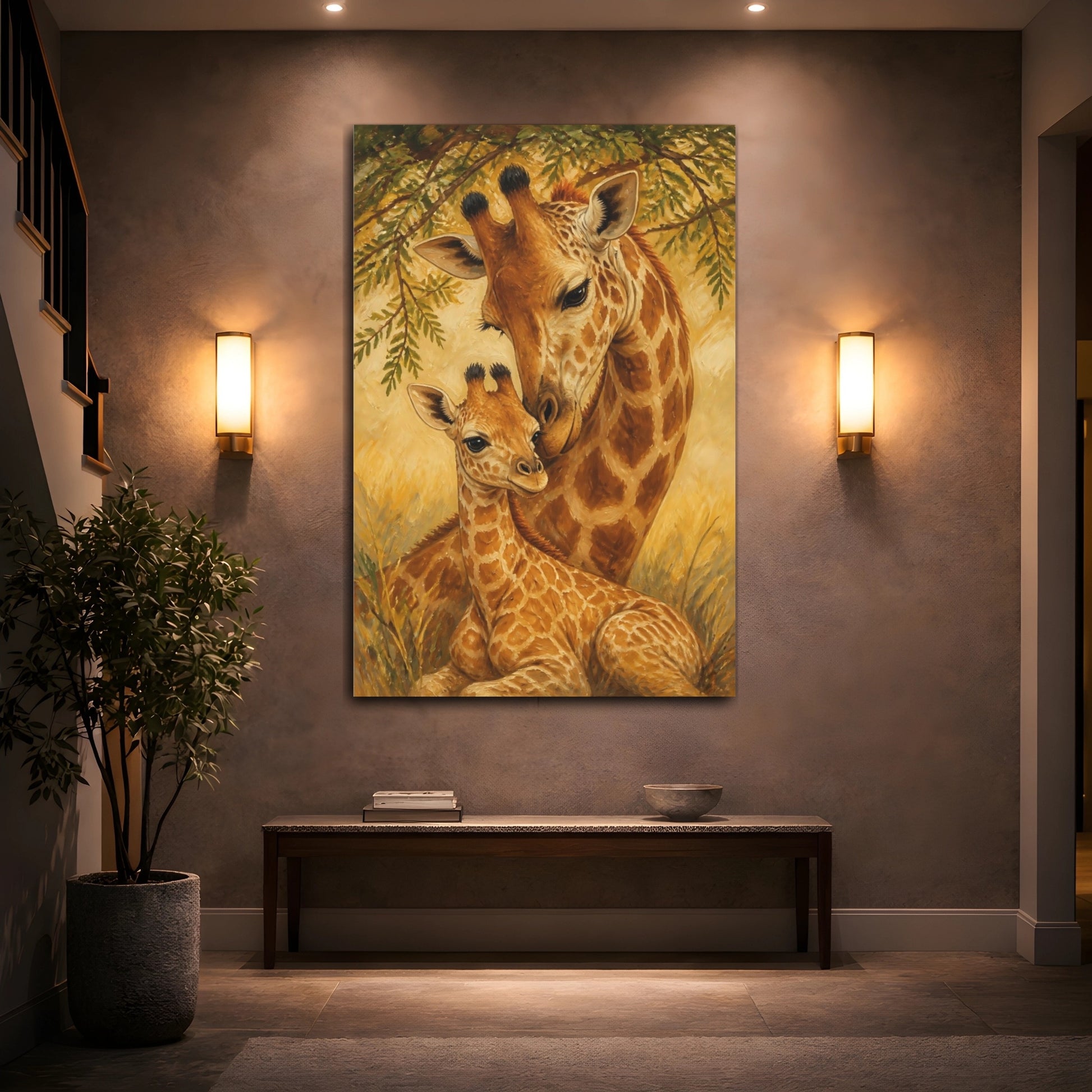 Mockup 2. Animals Giraffe Mother & Calf shown as canvas print